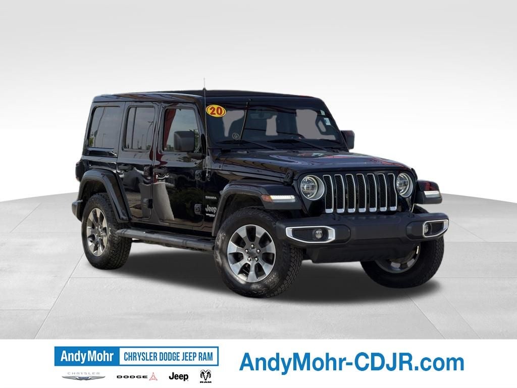 2020 Jeep Wrangler Unlimited Unlimited Sahara in Black Clearcoat — front three-quarter view