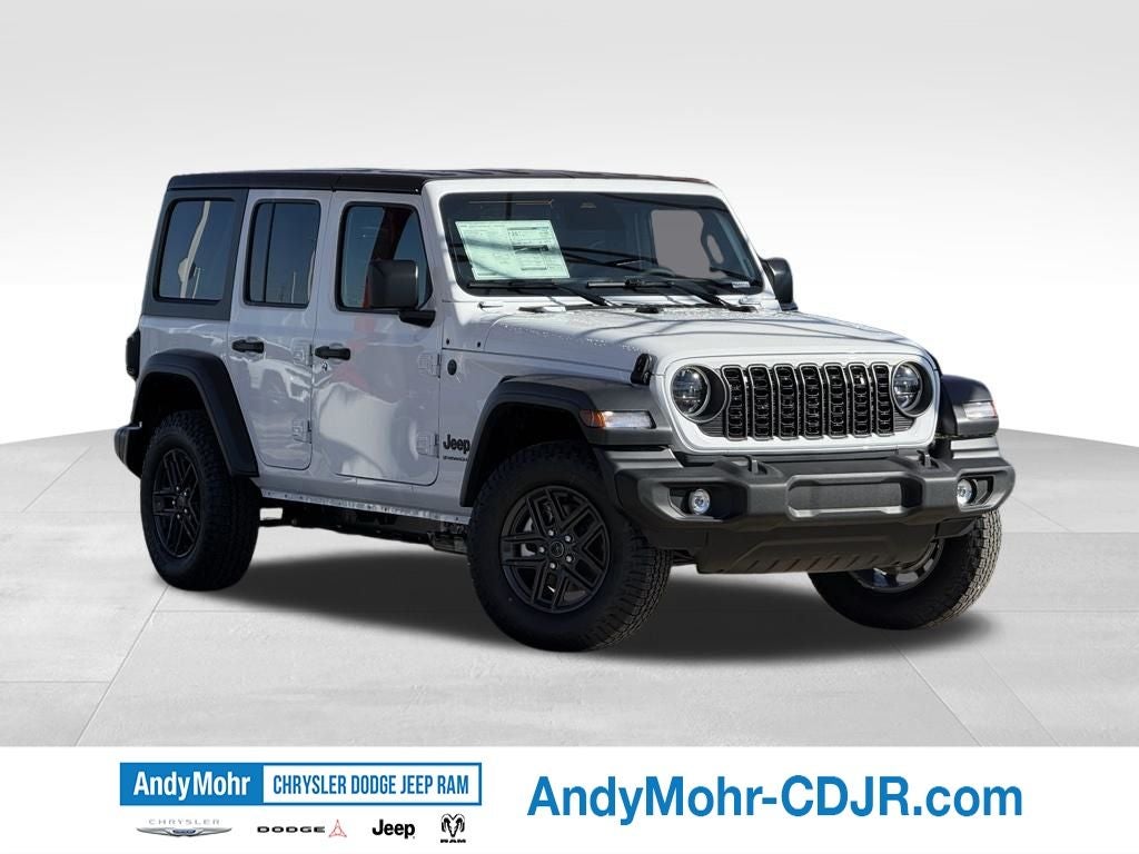 2026 Jeep Wrangler Sport S in Bright White Clear-Coat Exterior Paint — front three-quarter view