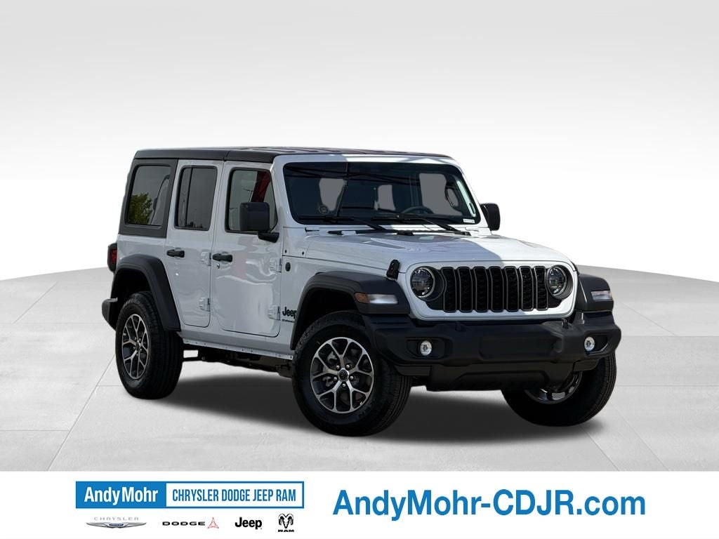 2026 Jeep Wrangler Sport S in Bright White Clear-Coat Exterior Paint — front three-quarter view
