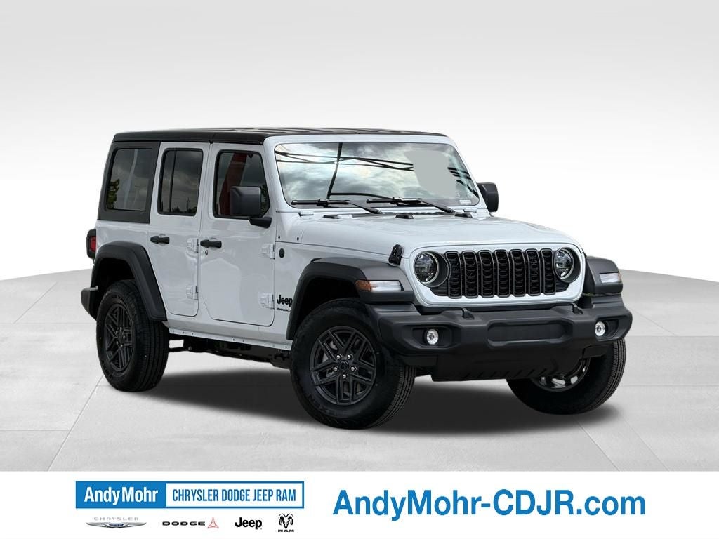 2026 Jeep Wrangler Sport S in Bright White Clear-Coat Exterior Paint — front three-quarter view