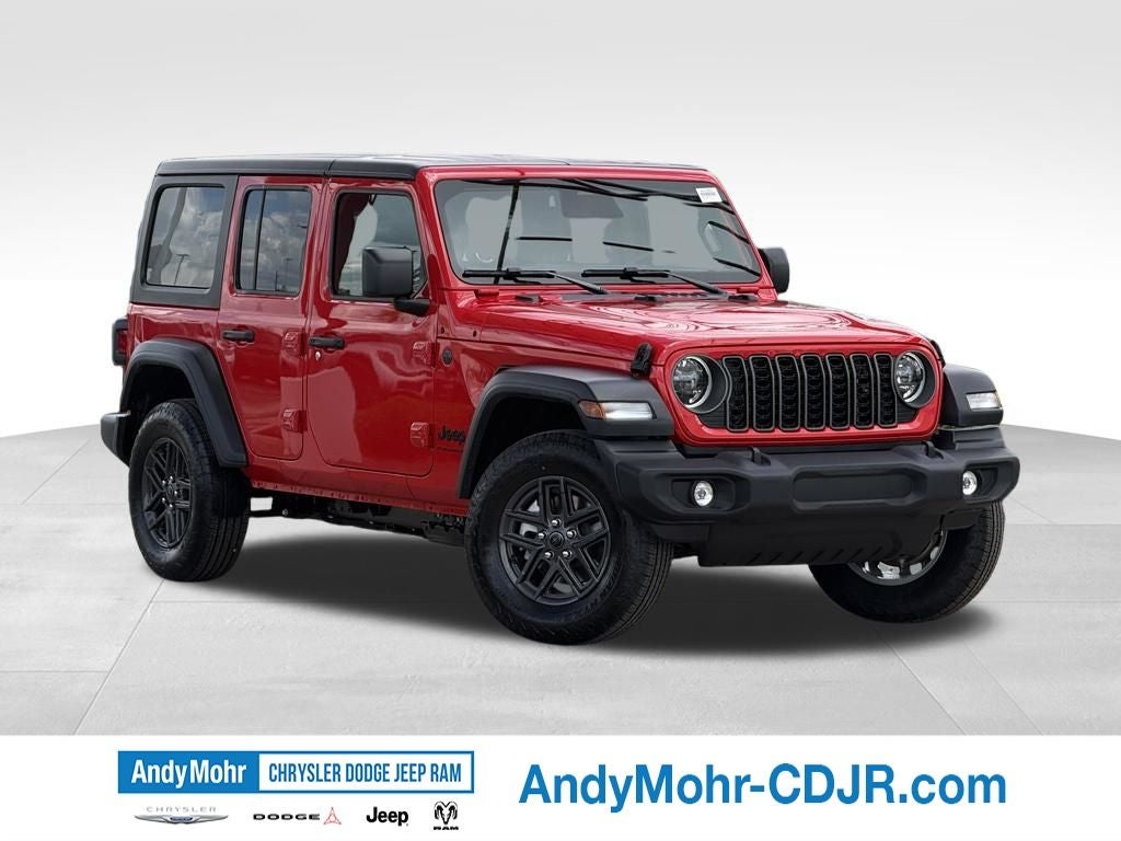 2026 Jeep Wrangler Sport S in Firecracker Red Clear-Coat Exterior Paint — front three-quarter view
