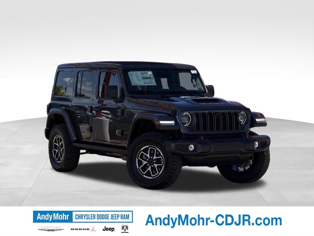 2026 Jeep Wrangler Rubicon in Granite Crystal Metallic Clear-Coat Exterior Paint — front three-quarter view