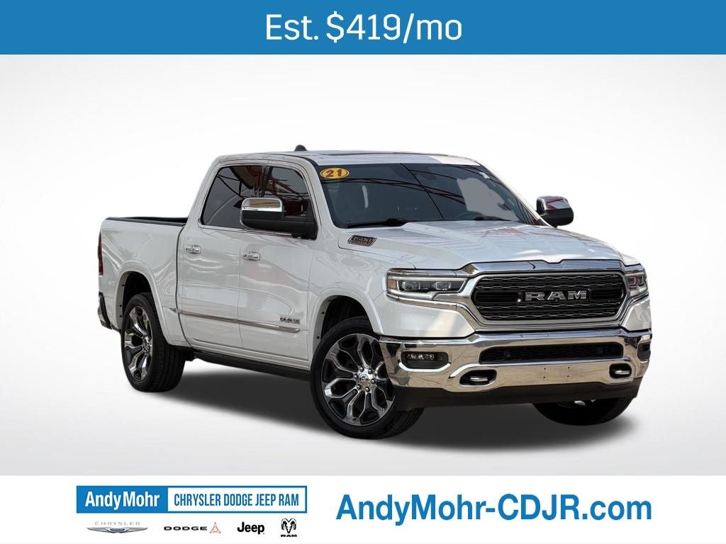 2021 RAM 1500 Limited in Ivory White Tri-Coat Pearlcoat — front three-quarter view