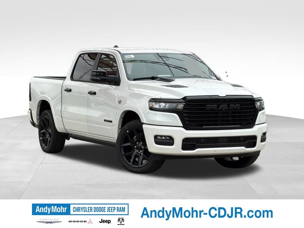 2026 RAM Ram 1500 Laramie in Ivory White Tri-Coat Pearl-Coat Exterior Paint — front three-quarter view