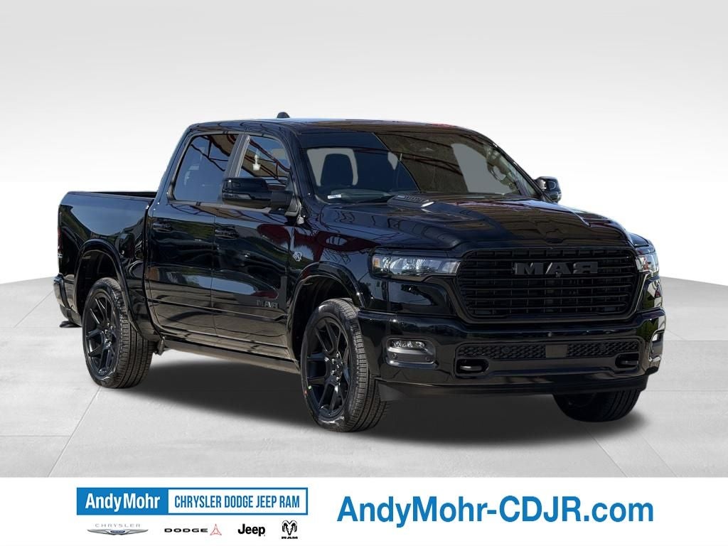 2026 RAM Ram 1500 Laramie in Diamond Black Crystal Pearl-Coat Exterior Paint — front three-quarter view
