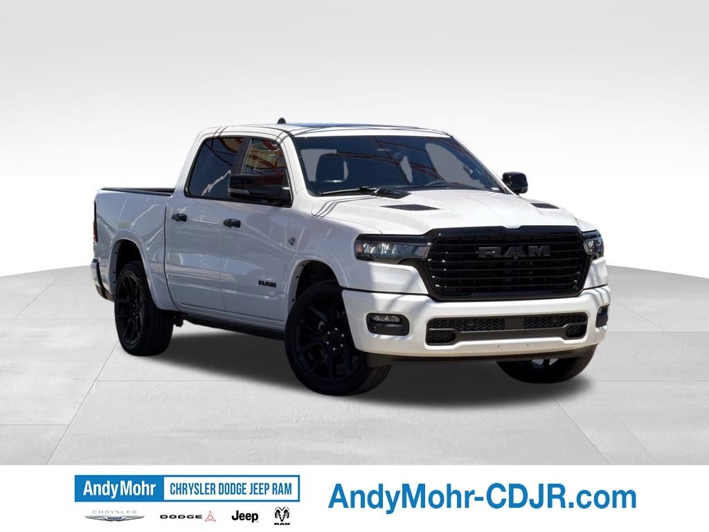 2026 RAM Ram 1500 Laramie in Ivory White Tri-Coat Pearl-Coat Exterior Paint — front three-quarter view