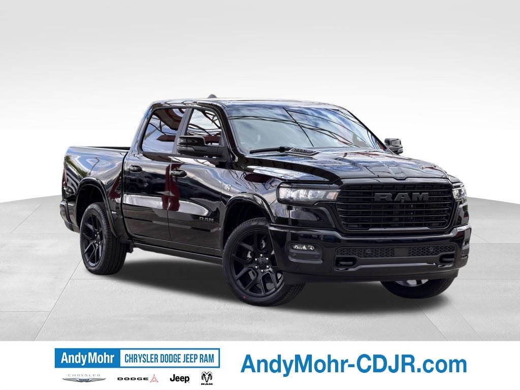 2026 RAM Ram 1500 Laramie in Diamond Black Crystal Pearl-Coat Exterior Paint — front three-quarter view