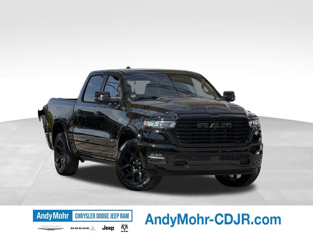 2026 RAM Ram 1500 Laramie in Diamond Black Crystal Pearl-Coat Exterior Paint — front three-quarter view