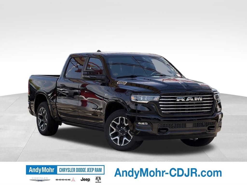 2026 RAM Ram 1500 Laramie in Diamond Black Crystal Pearl-Coat Exterior Paint — front three-quarter view