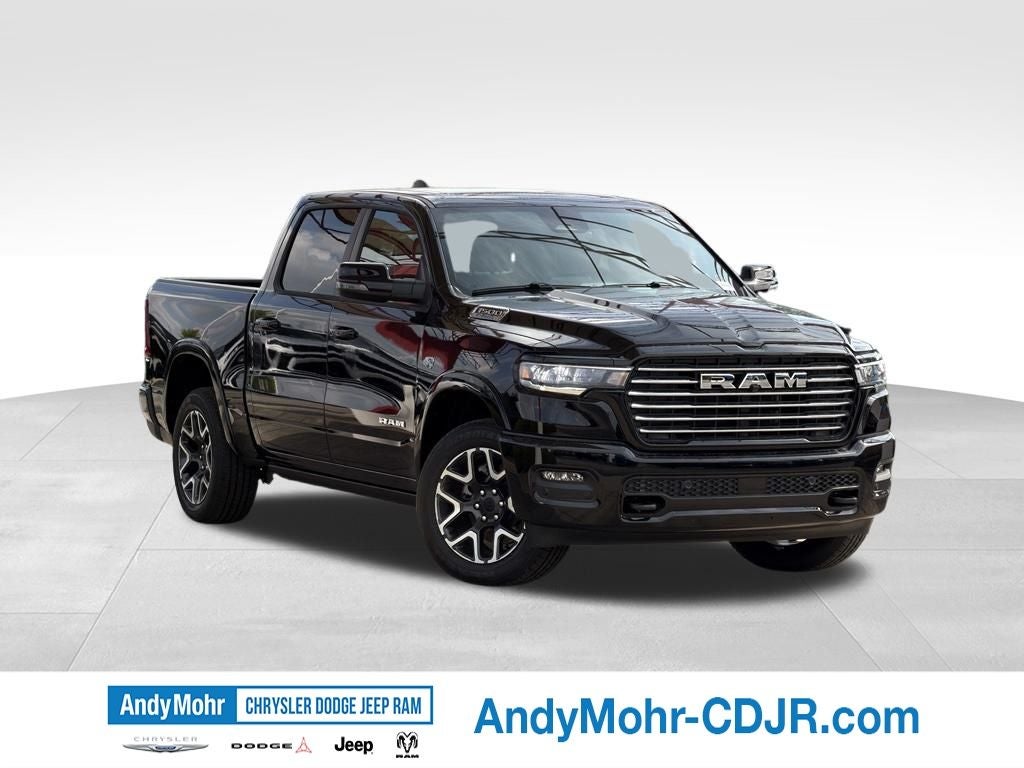 2026 RAM Ram 1500 Laramie in Diamond Black Crystal Pearl-Coat Exterior Paint — front three-quarter view