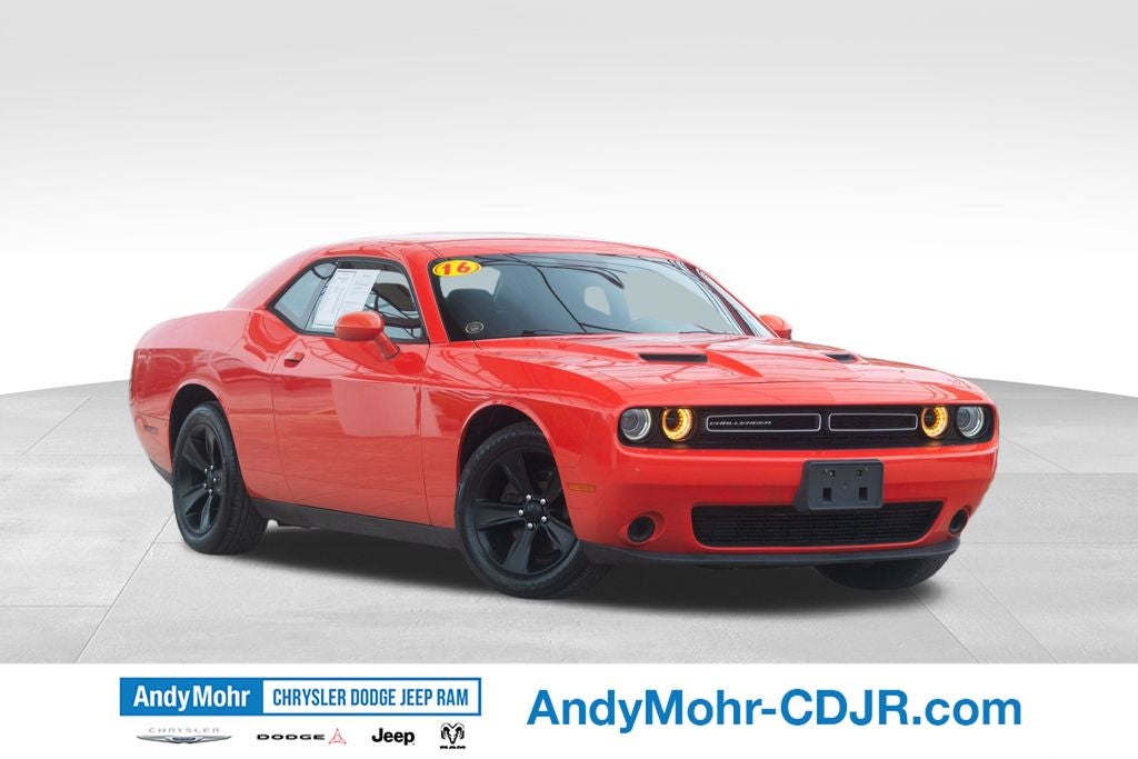 2016 Dodge Challenger SXT in Go Mango — front three-quarter view