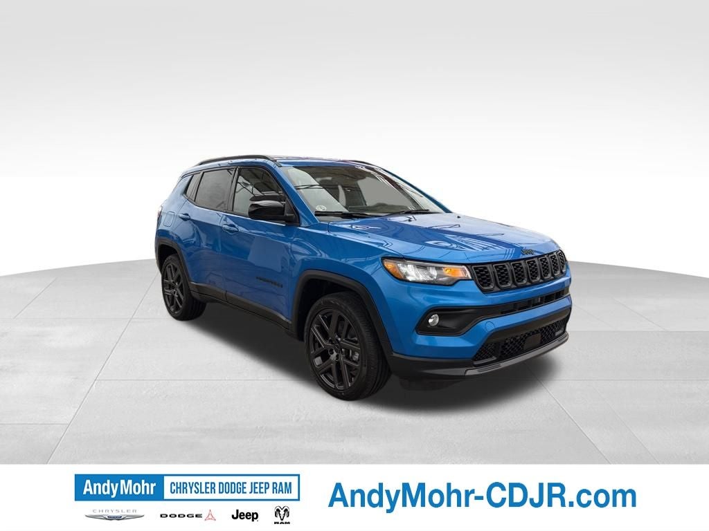 2026 Jeep Compass Latitude in Hydro Blue Pearl-Coat Exterior Paint — front three-quarter view