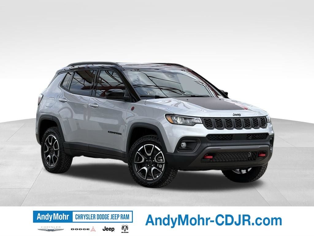 2026 Jeep Compass Trailhawk in Silver Zynith Metallic Clear-Coat Exterior Paint — front three-quarter view